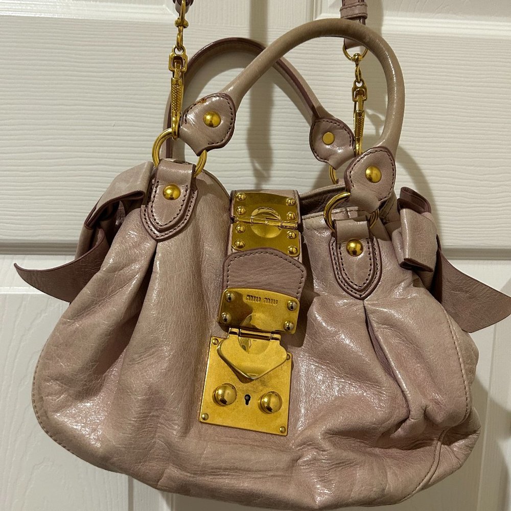 MIUMIU Side Ribbon 2Way Handle to carry, Shoulder Bag Hand Bag Leather Light Pea